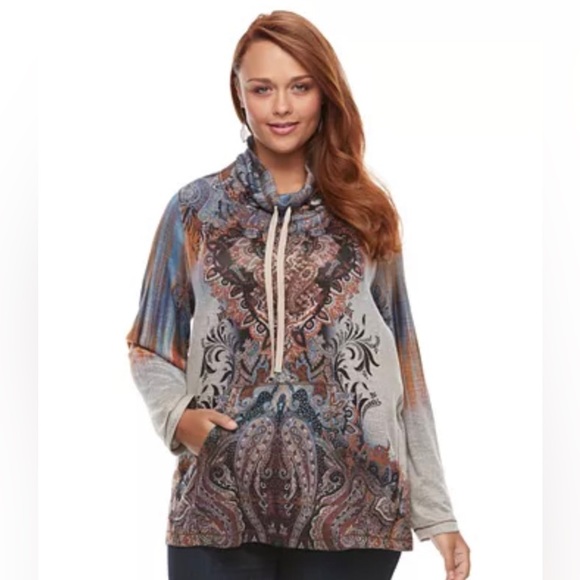 world unity Tops - World Unity Embellished Graphic Drawstring Cowl Neck Top Size 2X